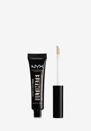 NYX Ultimate Shadow & Liner Primer in a black tube, with gold lettering, next to a white applicator wand with a tapered tip.