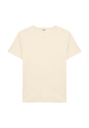 Maglietta beige semplice a maniche corte con collo rotondo e piccola etichetta del marchio all'interno del colletto.