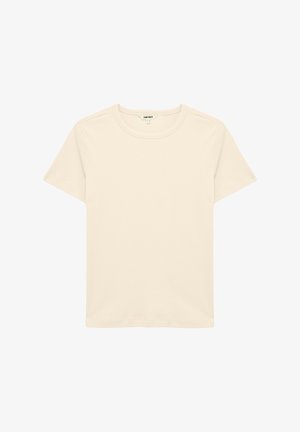 Enkelt beige kortærmet T-shirt med rund hals og en lille mærkeetiket indeni kraven.