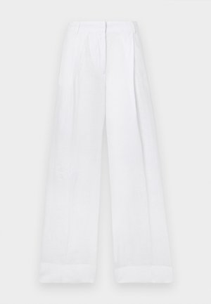 White linen trousers with a loose fit, featuring a high waist, straight legs, and no visible patterns or hardware. Smooth texture.