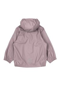 Roze waterdichte jas met een capuchon, elastische manchetten en een relaxte pasvorm. Heeft subtiele logo-accenten op de mouwen en de achterkant. Soepele textuur.