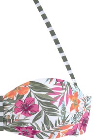 Top bikini floreale con vivaci stampe rosa, arancione e verde su sfondo bianco, dotato di spalline regolabili a righe e dettaglio arricciato.