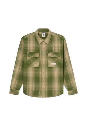 Long-sleeve green and beige plaid button-up shirt with two chest pockets, collar, and beige buttons down the front.