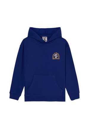 Marineblauwe hoodie met voorzak en gele afbeelding op de borst met een schedel en tekst "Drips & Splatters Element & Timber."