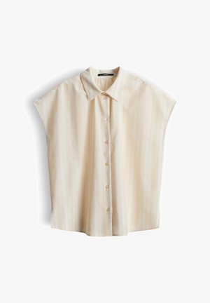 Blusa crema a maniche corte con colletto e bottoni frontali, vestibilità ampia, tessuto leggero, mostrata su sfondo bianco.
