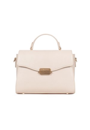 Beige gestructureerde handtas van synthetisch materiaal, met een handvat aan de bovenkant, magneetsluiting en accenten in goudkleurige hardware.