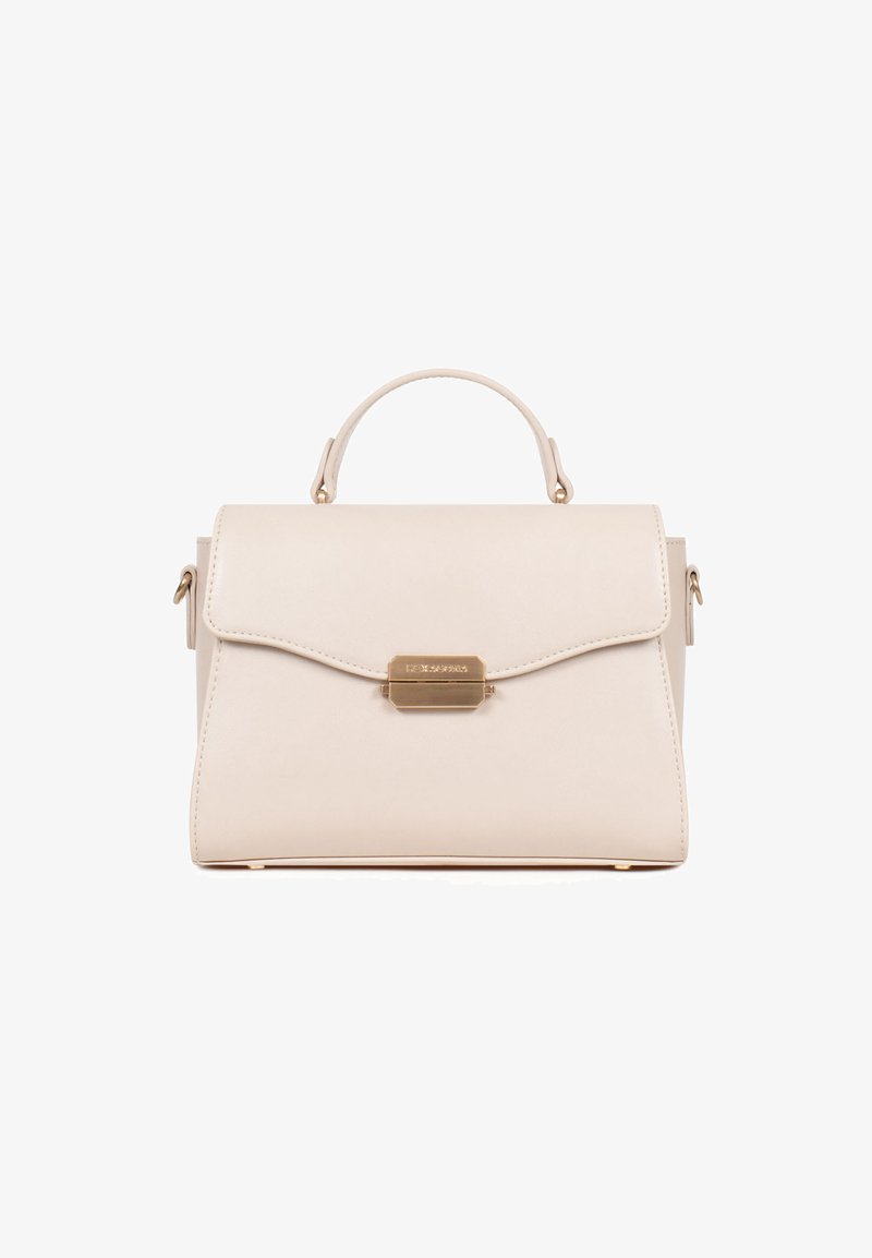 Beige gestructureerde handtas van synthetisch materiaal, met een handvat aan de bovenkant, magneetsluiting en accenten in goudkleurige hardware.