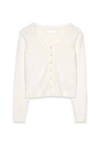 Cardigan cropped a maniche lunghe in morbido tessuto bianco con scollatura a barchetta e chiusura a bottoni, caratterizzato da orlo e polsini a costine.
