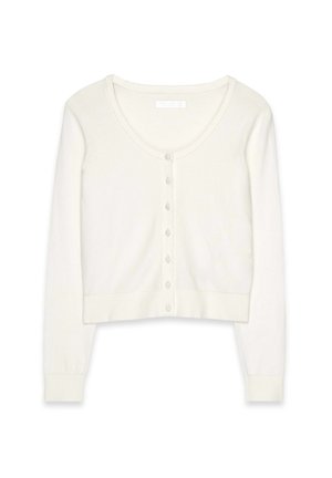 Cardigan cropped a maniche lunghe in morbido tessuto bianco con scollatura a barchetta e chiusura a bottoni, caratterizzato da orlo e polsini a costine.