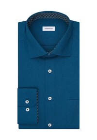 Turquoise dress shirt met een gemusterde binnenkraag, met een klassieke kraag, knoopsluiting aan de voorkant en een enkele zak op de borst.