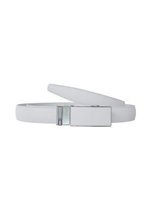 White leather belt with a smooth metallic rectangular buckle, partially coiled on a plain white background.