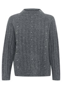 Un pull gris en maille avec un col haut. Présente des perles décoratives dispersées sur le devant et des manches longues.