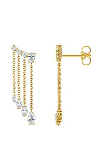 Gold-tone earrings featuring cascading chains with clear gemstones in various shapes, including pear and marquise cut, secured with a stud closure.