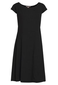 Svart A-linje klänning med korta ärmar, rund halsringning och figursydd överdel. Tillverkad av mjukt tyg med en slät yta.