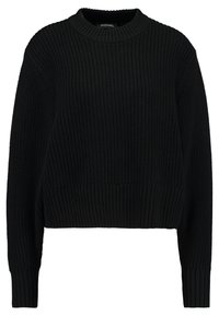 Czarny sweter dzianinowy z okrągłym dekoltem, z teksturowanym wzorem oraz ściągaczami przy mankietach i na dole. Lekko skrócony krój.