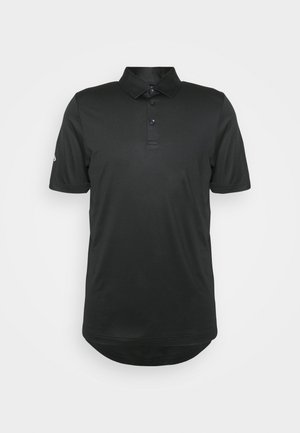 Schwarzes Poloshirt mit kurzen Ärmeln, klassischem Kragen, einer Knopfleiste mit drei Knöpfen und geradem Saum. Hergestellt aus glattem, leichtem Stoff.