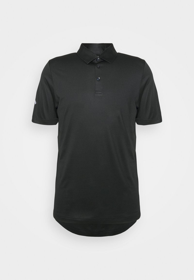 Black polo shirt with short sleeves, a classic collar, three-button placket, and a straight hem. Made from smooth, lightweight fabric.