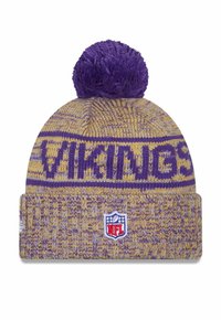 Knit beanie in purple and gold featuring a pom-pom, "VIKINGS" pattern, and NFL logo patch on the cuff. Soft texture, fitted design.