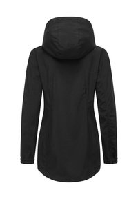 Veste noire imperméable à la coupe ajustée, avec capuche, poignets élastiques et texture douce. La vue de dos montre des coutures détaillées et un ourlet droit.