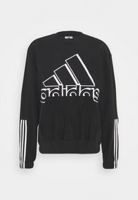 Schwarzer Sweatshirt aus Baumwollmischung mit Rundhalsausschnitt, ausgestattet mit einem großen weißen Adidas-Logo und weißen Streifenakzenten an den Ärmeln.