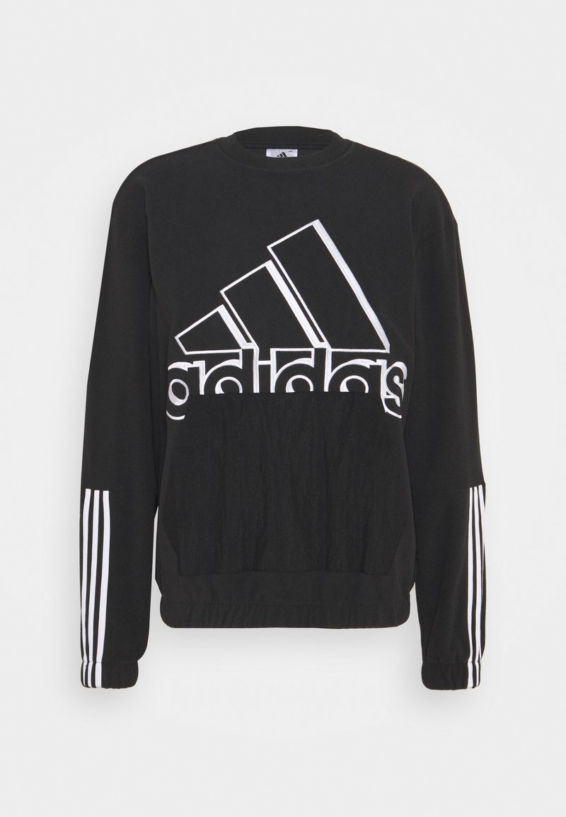Schwarzer Sweatshirt aus Baumwollmischung mit Rundhalsausschnitt, ausgestattet mit einem großen weißen Adidas-Logo und weißen Streifenakzenten an den Ärmeln.