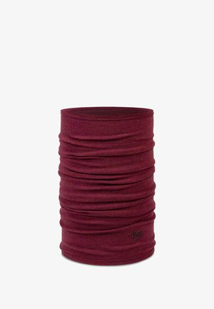 Maroon multifunctional tubular scarf, stretchy fabric, smooth texture, gathered design, circular shape, features a small logo at the base.
