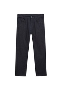 Jeans in denim scuro con un design a gamba dritta, stile a cinque tasche e una texture del tessuto resistente. Caratterizzati da una chiusura a un solo bottone.