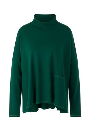 Grünes Langarmoberteil mit hohem Kragen, lockerer Passform und einer Fronttasche. Hergestellt aus weichem Stoff mit gleichmäßiger Textur und leicht abgerundetem Saum.