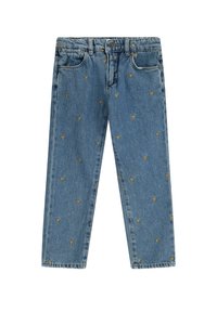 Jean en denim bleu clair avec une coupe droite, agrémenté de petites broderies en forme de cœur doré. Design classique à cinq poches.