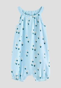 Lyseblå ærmeløs romper med blomstermønster, der har ribbet tekstur og elastiske manchetter. Trykknaplukning i bunden for nem påklædning.