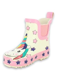 Botte de pluie en caoutchouc avec un design de licorne, corps blanc, accents roses et étoiles colorées. Dispose d'une languette pour un enfilage facile.