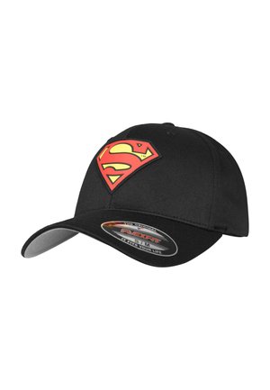 Black cap with structured design, featuring a red and yellow Superman logo on the front, gray underside of the brim, and Flexfit branding.