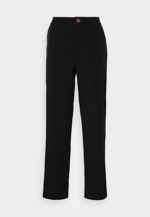Pantalon noir à jambe droite, doté d'une fermeture par bouton à la taille et de poches latérales. Tissu lisse avec une finition mate.