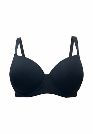 Reggiseno imbottito nero con spalline regolabili e supporto con ferretto, mostrato su sfondo bianco.