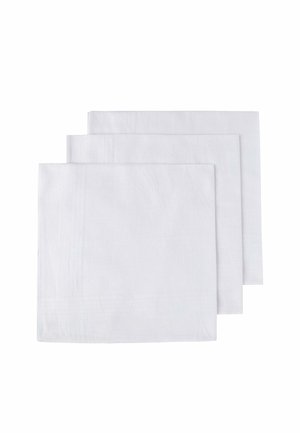 Three neatly folded white cotton handkerchiefs stacked with subtle stitched border details on a plain white background.