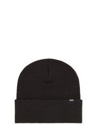 Sort strikket hue med opfoldet kant, lavet af blød uld. Har et lille, firkantet Vans-logo mærke syet på siden.