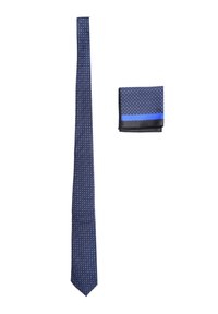 Cravatta navy con pois bianchi, con punta appuntita, abbinata a un fazzoletto da taschino coordinato con una striscia blu e bordo nero.