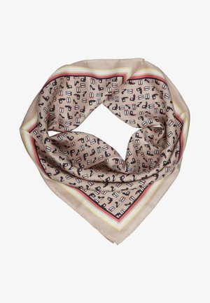 Foulard en soie avec un fond beige orné d'un motif répétitif de chaussures élégantes en noir et rouge, bordé par un cadre multicolore.