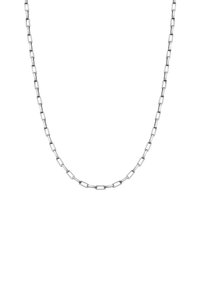 Strieborný kovový reťazový náhrdelník s obdĺžnikovými článkami s hladkým povrchom, rovnomerne rozmiestnenými v kaskádovom vzore.