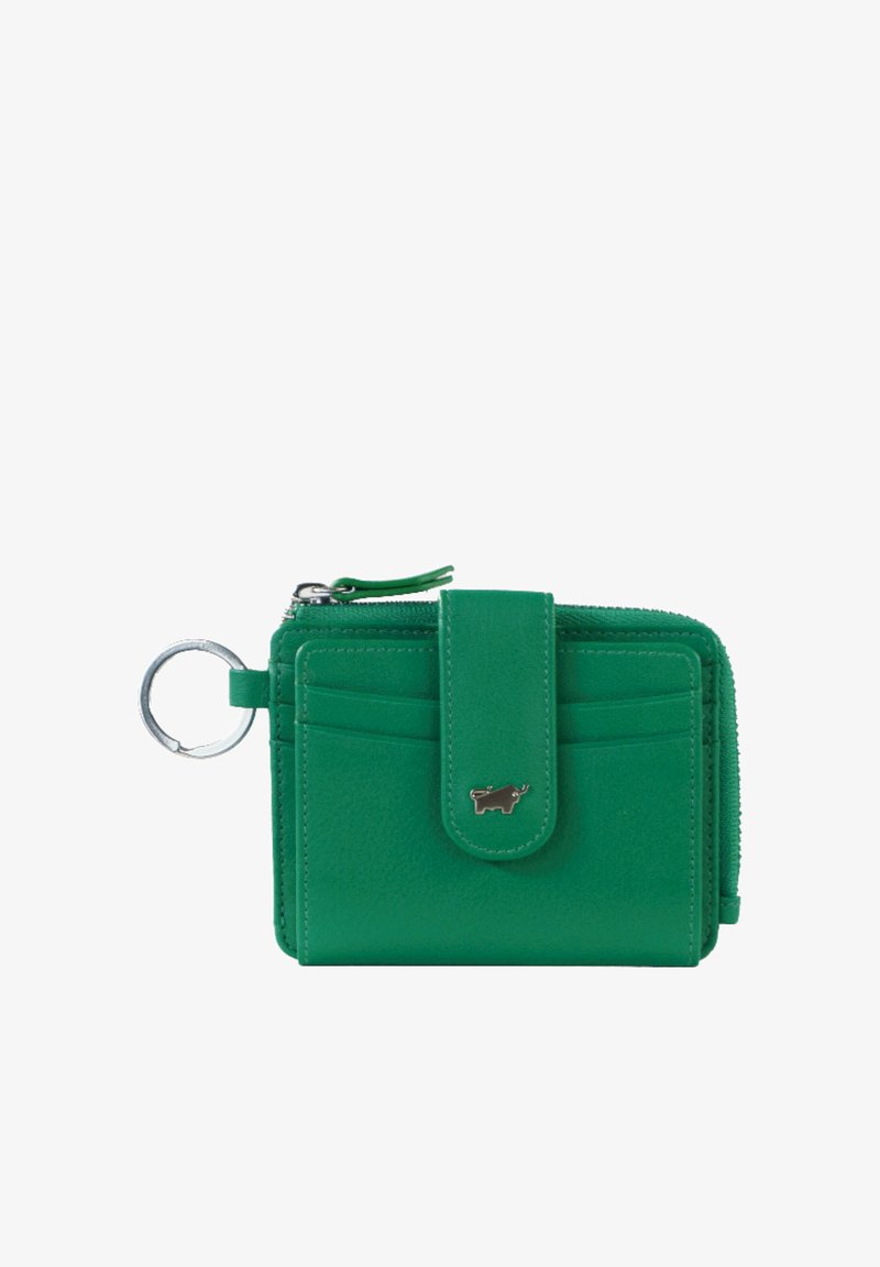 Portefeuille en cuir vert avec un compartiment zippé, des emplacements pour cartes, une fermeture à pression et un anneau porte-clés. Texture lisse et design minimaliste.