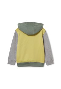Felpa con cappuccio dal corpo giallo, maniche grigie e cappuccio verde. Realizzata in tessuto morbido con orlo e polsini a coste.