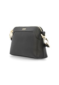 Schwarze Leder-Crossbody-Tasche mit goldenen Beschlägen, Reißverschluss und strukturierter Oberfläche. Verfügt über eine strukturierte Form und einen abnehmbaren Tragegurt.
