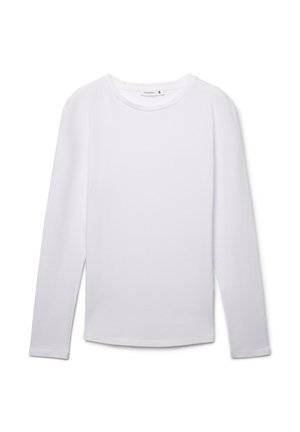 Maglietta bianca a maniche lunghe con scollo rotondo e design semplice, mostrata distesa contro uno sfondo bianco.