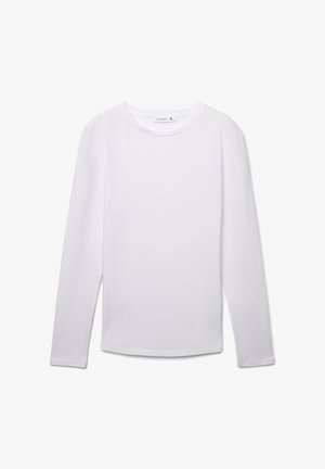 Maglietta bianca a maniche lunghe con scollo rotondo e design semplice, mostrata distesa contro uno sfondo bianco.