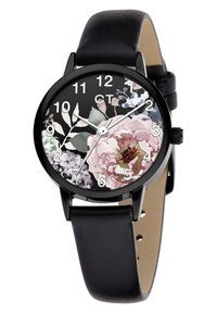 Blumenuhr mit schwarzem Lederarmband, rundem schwarzem Ziffernblatt mit rosa und lila Blumen, weißen arabischen Ziffern und silbernen Zeigern.