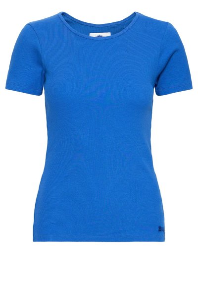 Mėlyna trumpa rankovė marškinėliai, pagaminti iš reliefinės medžiagos, su apvaliu kaklu ir mažu logotipu ant hem. Sklandi tekstūra visame paviršiuje.