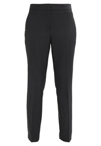 Sorte bukser med skræddersyet design, glat tekstur, flad front, sidelommer og slim fit. Velegnet til formelt og afslappet brug.