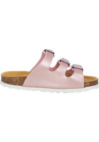 Sandal in pelle rosa con tre cinturini regolabili, soletta in sughero e suola in gomma bianca. Presenta dettagli in metallo color argento.