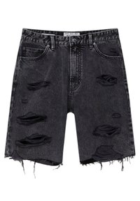 Shorts en denim noir avec plusieurs déchirures usées, ourlet effiloché et design classique à cinq poches. Comprend une fermeture éclair et un bouton en métal.