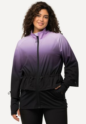 Lila-zu-Schwarz Farbverlauf Jacke mit einem Reißverschluss vorne, elastischem Kordelzug in der Taille und Daumenlöchern in den Ärmeln. Glatte Textur und entspannte Passform.